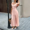 Elegant pink short sleeve jacquard maxi dress with slit for summer vacation wear - S / Dresses / Shrimp Pink