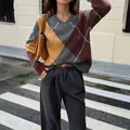 Women's V-neck argyle color-block long-sleeve knit sweater in earthy tones - S / Tops / Gray