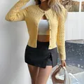 Cropped yellow cable-knit cardigan with metal buttons for a casual autumn look - S / Tops / Yellow