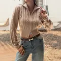 Chic beige cable-knit cropped sweater with zipper closure for women's autumn style - S / Tops / Camel