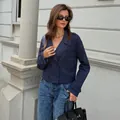 Classic navy blue double-breasted cropped jacket for women with long sleeves and lapel - S / Tops / Navy Blue