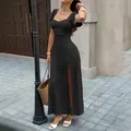 Elegant black jacquard short sleeve maxi dress with side slit for casual summer vacation - XL / Dresses / Black