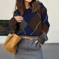 Women's navy and brown color-block argyle knit sweater, casual autumn-winter style. - S / Tops / Navy Blue