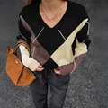 Women's V-neck color-block argyle long sleeve knit sweater in black brown and cream - S / Tops / Black