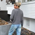 Elegant grey cable-knit long-sleeve cardigan sweater for women in a stylish outdoor setting - S / Tops / Gray