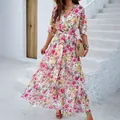 Elegant white floral print maxi dress with V-neck and tie-waist for beach summer vacation - S / Dress (D2343093) / White