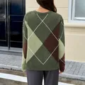Women's cozy argyle pattern knit sweater in green and brown earth tones back view - Green