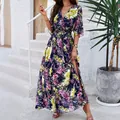 Elegant floral print maxi dress with V-neck and tie-waist in a dark navy blue hue - S / Dress (D2343093) / Sapphire Blue