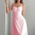Elegant pink spaghetti strap midi dress with gathered bust and tie front detail - Pink