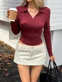 Burgundy long-sleeve V-neck polo shirt with ruched detail for elegant autumn style - S / Tops / Burgundy