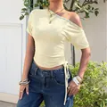 Pale yellow one-shoulder slim fit short T-shirt with chic side drawstring and buttons - XS / Tops / Yellow