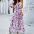 Elegant pink floral summer maxi dress with a wrap neckline and belted waist for beach - S / Dress (D2343093) / Pink