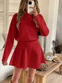 Red solid color long sleeve knitted mini dress elegant autumn winter outfit for women - Red