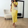 Elegant yellow slim-fit midi dress with button-down front and high waist design. - S / Dresses / Yellow