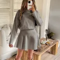 Chic Y2K solid gray long sleeve knitted mini dress for women mirror selfie shot - Khaki