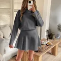 Chic dark grey Y2K long sleeve knitted mini dress for autumn and winter fashion style - Gray