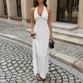 Vintage Y2K halter neck deep V-neck polka dot maxi dress for vacation - XS / Dresses / Off White