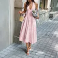 Elegant pink deep V-neck sleeveless jacquard halter dress perfect for summer vacation - XS / Dresses / Pink