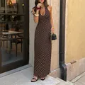 Elegant brown polka dot halter neck maxi dress with deep V-neck for summer vacation style - XS / Dresses / Brown
