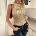 Elegant gold sequin halter neck top for women, perfect for parties, galas and clubbing. - M / Tops / Champagne