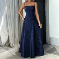 Elegant navy blue floral jacquard maxi dress with spaghetti straps and a flowing A-line skirt. - S / Dresses / Navy Blue