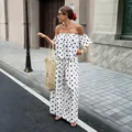 Elegant black and white polka dot off-the-shoulder top with matching wide-leg trousers - S / Top And Bottom / White