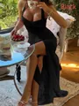 Elegant black lace slim fit suspender maxi dress featuring a high thigh slit - S / Dresses / Black