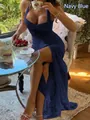Elegant slim fit navy blue lace camisole maxi evening dress for women's summer fashion - S / Dresses / Navy Blue
