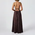 Elegant backless brown maxi dress with criss-cross lace-up straps and floral pattern - Brown