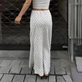 Elegant cream polka dot satin midi skirt with high waist design for summer - S / Bottoms / Off White