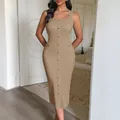 Elegant beige bodycon midi dress with decorative gold buttons and a square neckline - S / Dresses / Khaki