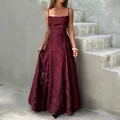 Elegant burgundy floral jacquard long camisole dress for women formal evening vacation - Burgundy