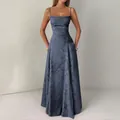 Elegant sleeveless blue floral jacquard maxi dress with a sophisticated A-line silhouette - Dark Gray
