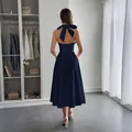 Élégante robe licou bleu marine style français avec grand nœud et dos à lacets - Bleu Marine