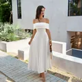 Elegante vestido largo blanco con hombros descubiertos de estilo francés para bodas - XS / Vestidos / Blanco