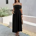 Elegante vestido largo negro con hombros descubiertos de estilo francés para fiestas - XS / Vestidos / Negro