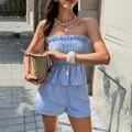 Two-piece light blue striped smocked tube top and matching shorts set for summer - Blue
