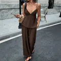 Elegant coffee brown two-piece set with deep V-neck camisole and flowy wide-leg pants - S / Top And Bottom / Dark Brown