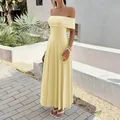 Elegante vestido largo amarillo claro con hombros descubiertos estilo francés para gala - XS / Vestidos / Amarillo