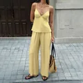 Yellow two-piece summer vacation set with V-neck camisole and wide-leg pants for women - XS / Top And Bottom / Yellow