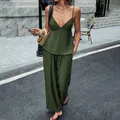 Elegant dark green two-piece vacation set with deep V-neck camisole and wide-leg pants - Green