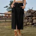 Detail of women's black washed cargo denim midi skirt with front slit and drawstring - S / Bottoms / Black