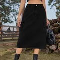 Close-up of a stylish black washed cargo denim midi skirt with large side pockets - S / Bottoms / Black