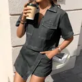 Stylish women's washed black denim two-piece set with V-neck short sleeve top and skort - S / Tops / Black and Gray