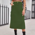 High-waisted olive green cargo denim midi skirt for women in street style. - S / Bottoms / Army Green