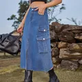 Close-up detail of a high waist denim cargo midi skirt featuring large side flap pockets - S / Bottoms / Denim Blue