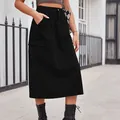 Close-up view of a black cargo denim midi skirt featuring a large utility side pocket - S / Bottoms / Black