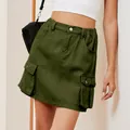 Detail of washed olive green cargo denim mini skirt with multi-pockets and elastic waist - S / Army Green