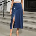 Detail of a blue high-waisted denim cargo skirt with button-down front and side split. - S / Dark Blue
