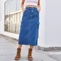 Stylish high waisted blue denim cargo midi skirt featuring utility pockets and front slit - S / Bottoms